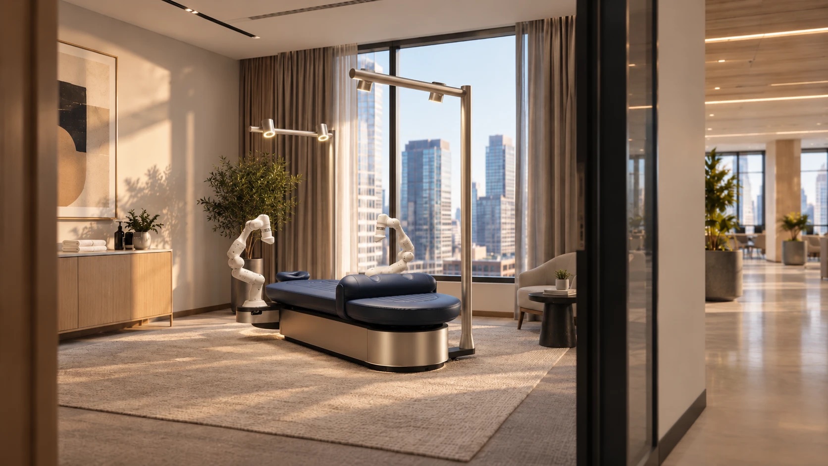 Concept render of an Aescape table in a corner office wellness room, city skyline through floor-to-ceiling glass and the open office floor beyond