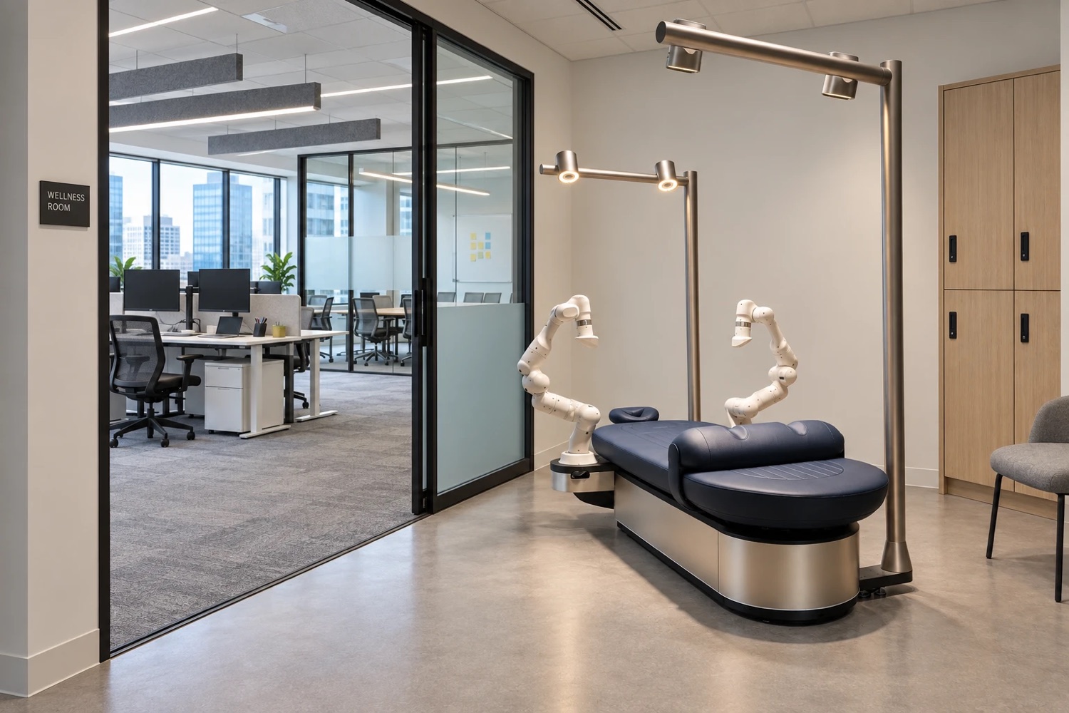Concept render of an Aescape table in an office wellness room, open-plan desks visible through the glass